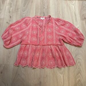 Umgee Womens Pink Peasant Lace Boho Top Shirt Blouse Puff Sleeve M Cottagecore